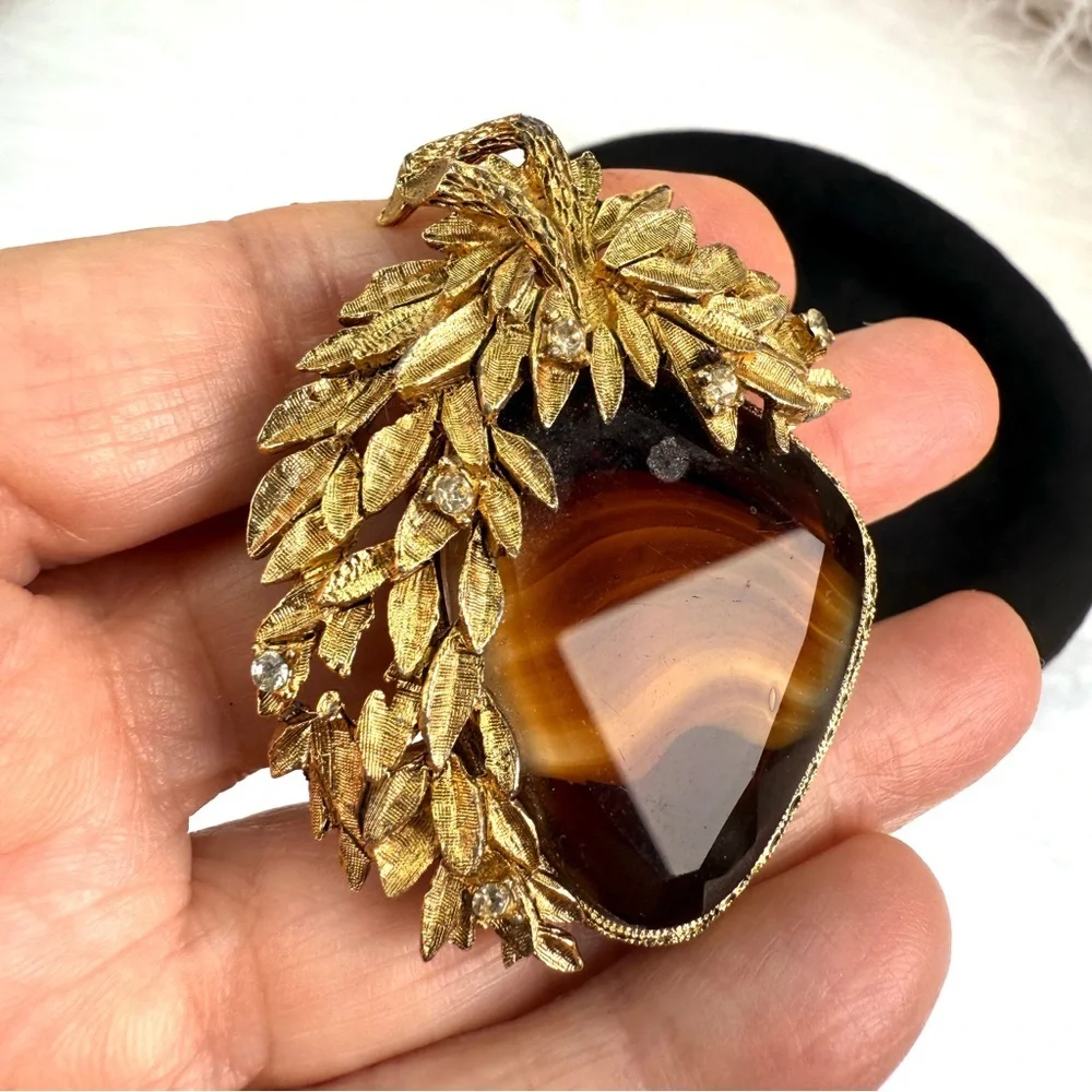 Gorgeous weighted Amber tone, aged, goldtone, weighted brooch pin